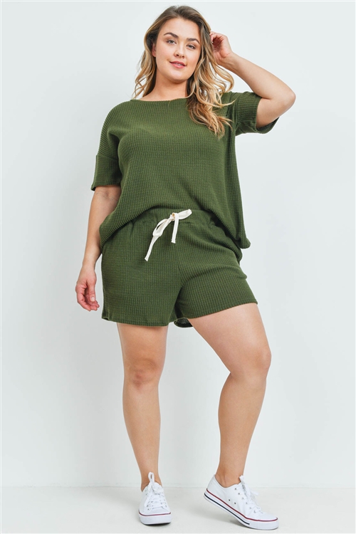 S15-12-2-PPP4030X-OV-1 - PLUS SIZE WAFFLE TOP AND SHORTS SET WITH SELF TIE- OLIVE 2-2-1