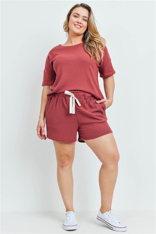 S15-12-2-PPP4030X-RBCHB-1 - PLUS SIZE WAFFLE TOP AND SHORTS SET WITH SELF TIE- RUBY CHAMBRAY 2-2-1