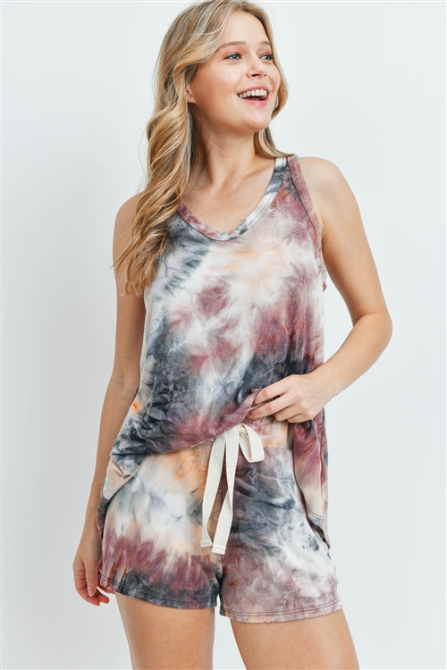 S15-3-2-PPP4031-PCHBK-1 - TIE DYE TANK TOP AND SHORTS SET WITH SELF TIE- PEACH/BLACK 0-2-1-1