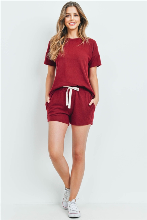 S10-20-4-PPP4033-BU-1 - SOLID HACCI BRUSHED TOP AND SHORTS SET WITH SELF TIE- BURGUNDY 2-1