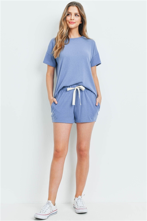 S10-1-4-PPP4033-DNM - SOLID HACCI BRUSHED TOP AND SHORTS SET WITH SELF TIE- DENIM 1-2-2-2