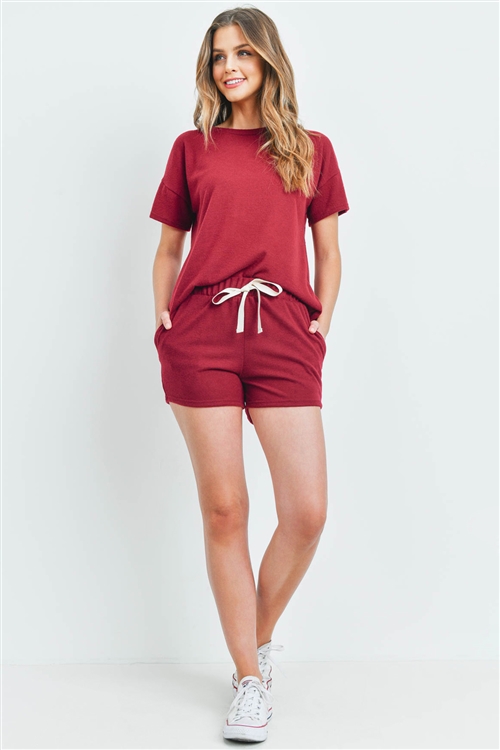 S10-15-3-PPP4033-WN-1 - SOLID HACCI BRUSHED TOP AND SHORTS SET WITH SELF TIE- WINE 2-2-2