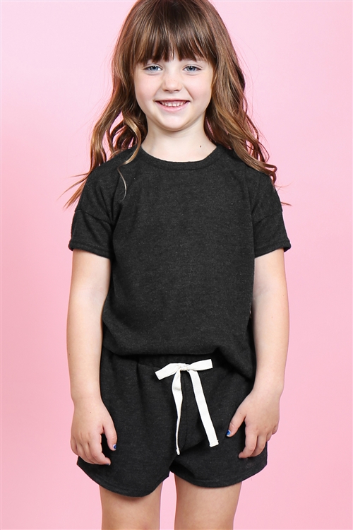 S14-9-2-PPP4033T-BK-1 - KIDS GIRLS SOLID HACCI BRUSHED TOP AND SHORTS SET WITH SELF TIE- BLACK 2-2-1-2