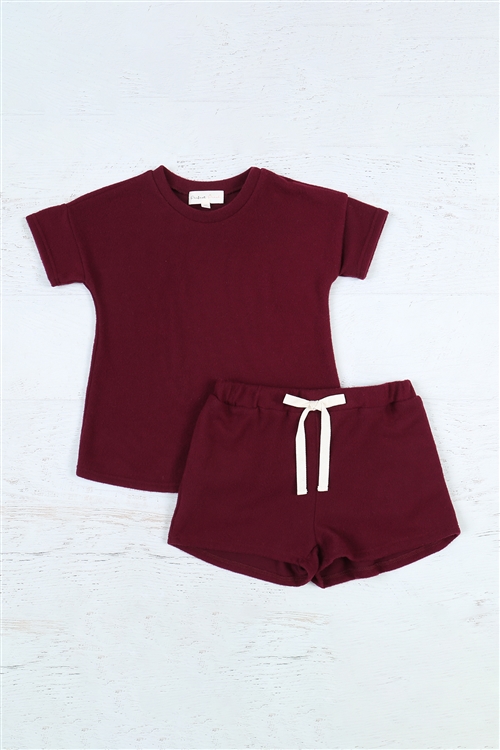 S4-7-1-PPP4033T-BU - KIDS GIRLS SOLID HACCI BRUSHED TOP AND SHORTS SET WITH SELF TIE- BURGUNDY 2-2-2-2