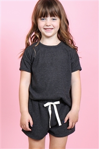 S10-9-4-PPP4033T-CHL2T-1 - KIDS GIRLS SOLID HACCI BRUSHED TOP AND SHORTS SET WITH SELF TIE- CHARCOAL 2TONE 2-2-1-1