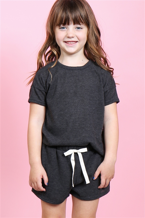 S10-14-1-PPP4033T-CHL2T - KIDS GIRLS SOLID HACCI BRUSHED TOP AND SHORTS SET WITH SELF TIE- CHARCOAL 2TONE 2-2-2-2