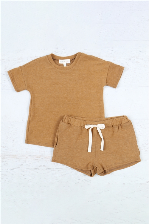 S14-9-2-PPP4033T-CML-1 - KIDS GIRLS SOLID HACCI BRUSHED TOP AND SHORTS SET WITH SELF TIE- CAMEL 2-2-1-2