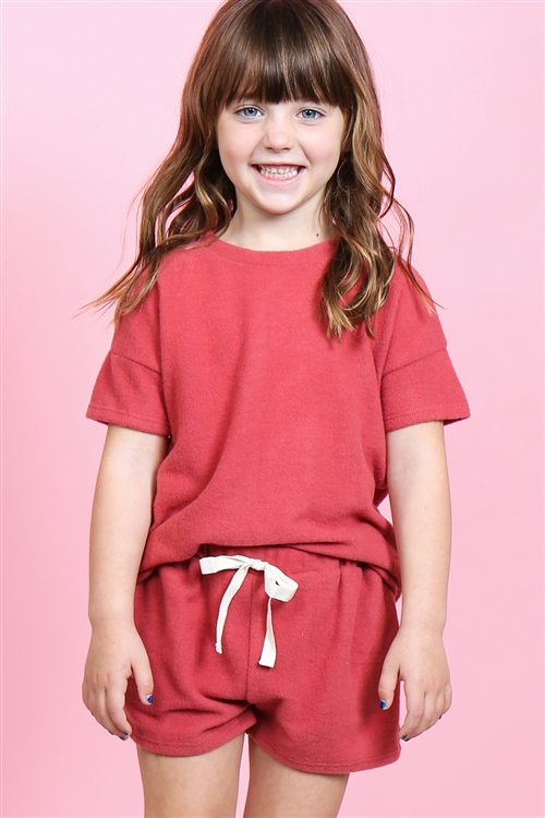 S14-9-2-PPP4033T-RST-1 - KIDS GIRLS SOLID HACCI BRUSHED TOP AND SHORTS SET WITH SELF TIE- RUST 2-1-2