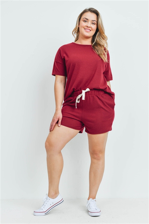 S15-11-1-PPP4033X-BU-1 - PLUS SIZE SOLID HACCI BRUSHED TOP AND SHORTS SET WITH SELF TIE- BURGUNDY 3-1