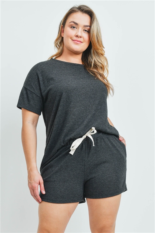 S15-11-1-PPP4033X-CHL2T-1 - PLUS SIZE SOLID HACCI BRUSHED TOP AND SHORTS SET WITH SELF TIE- CHARCOAL 2TONE 2-1-1
