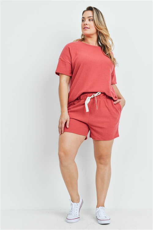 S15-11-1-PPP4033X-RST-1 - PLUS SIZE SOLID HACCI BRUSHED TOP AND SHORTS SET WITH SELF TIE- RUST 2-1-1