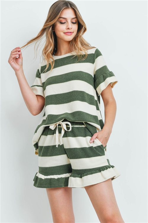 S16-11-5-PPP4034-OVIV-1 - RUFFLE STRIPES TOP AND SHORTS SET WITH SELF TIE- OLIVE/IVORY 1-2-1-2