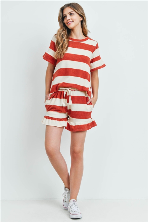 S16-11-5-PPP4034-RSTIV-1 - RUFFLE STRIPES TOP AND SHORTS SET WITH SELF TIE- RUST/IVORY 1-2