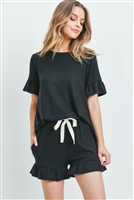 S13-12-2-PPP4035-BK -SOLID RUFFLE TOP AND SHORTS SET WITH SELF TIE-BLACK 1-2-2-2