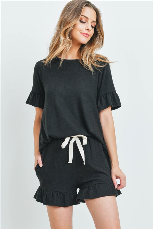 S14-10-2-PPP4035-BK-1 - SOLID RUFFLE TOP AND SHORTS SET WITH SELF TIE- BLACK 1-0-0-0