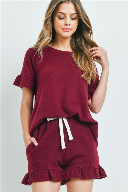 S14-10-2-PPP4035-BU-1 - SOLID RUFFLE TOP AND SHORTS SET WITH SELF TIE- BURGUNDY 1-1-1