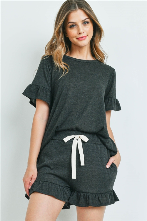 S14-10-2-PPP4035-CHL2T-1 - SOLID RUFFLE TOP AND SHORTS SET WITH SELF TIE- CHARCOAL 2TONE 2-1-1