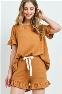 S13-11-2-PPP4035-CML -SOLID RUFFLE TOP AND SHORTS SET WITH SELF TIE-CAMEL 1-2-2-2