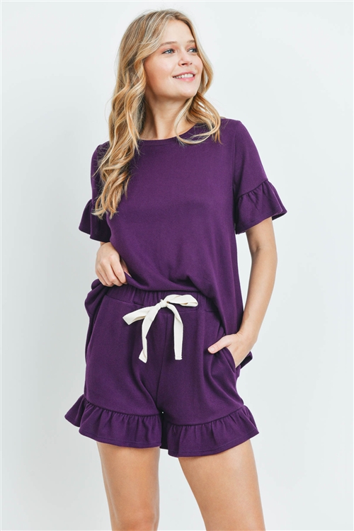 S9-10-4-PPP4035-FLPLM - SOLID RUFFLE TOP AND SHORTS SET WITH SELF TIE- FALL PLUM 1-2-2-2
