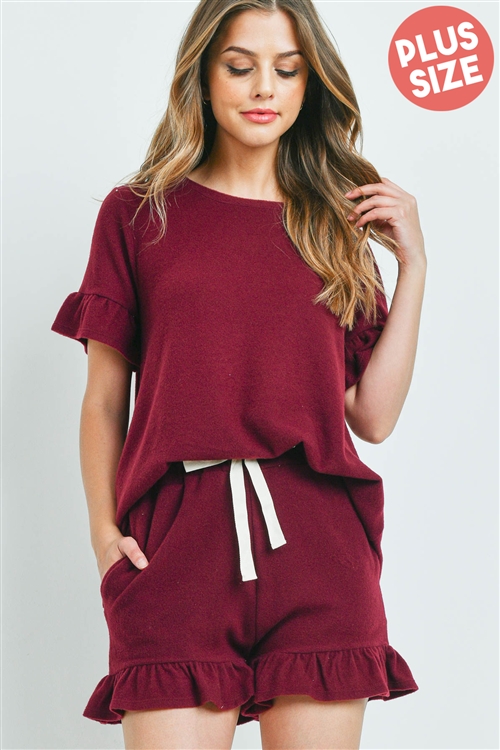 S10-2-4-PPP4035X-BU - PLUS SIZE SOLID RUFFLE TOP AND SHORTS SET WITH SELF TIE- BURGUNDY 3-2-1