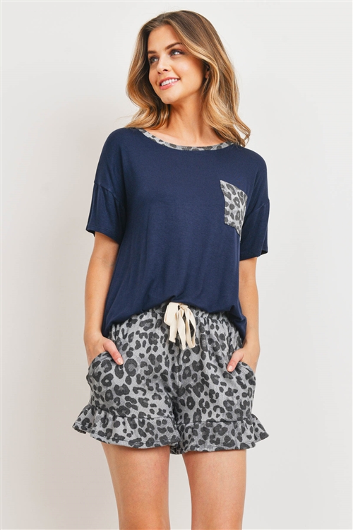 S9-12-4-PPP4036-NVCHLGY - SOLID TOP LEOPARD POCKET AND SHORTS SET WITH SELF TIE- NAVY/CHARCOAL/GREY 1-2-2-2