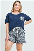 S10-10-1-PPP4036X-NVCHLGY - PLUS SIZE SOLID TOP LEOPARD POCKET AND SHORTS SET WITH SELF TIE- NAVY/CHARCOAL/GREY 3-2-1