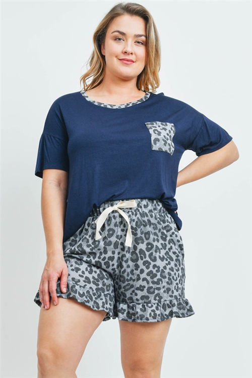 S10-19-4-PPP4036X-NVCHLGY-1 - PLUS SIZE SOLID TOP LEOPARD POCKET AND SHORTS SET WITH SELF TIE- NAVY/CHARCOAL/GREY 3-1-1
