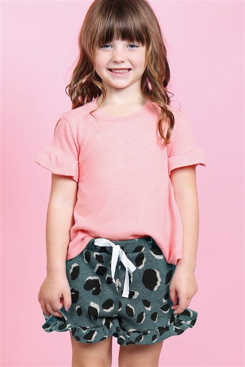 S9-17-1-PPP4037T-BBPKTL-2 - KIDS GIRLS RUFFLE SLEEVES SOLID TOP AND LEOPARD SHORTS SET WITH SELF TIE- BABY PINK/TEAL 2-1-0-2