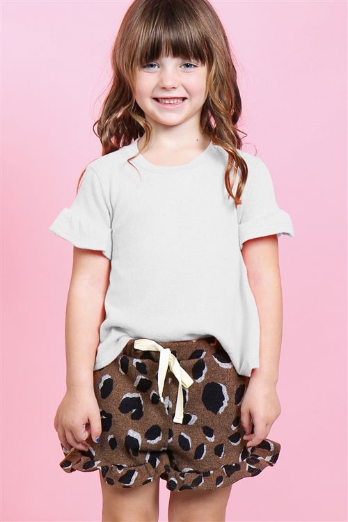 OS-PPP4037T-OFWBWN - KIDS GIRLS RUFFLE SLEEVES SOLID TOP AND LEOPARD SHORTS SET WITH SELF TIE- OFF-WHITE/BROWN (Out of Stock; No More Incoming)