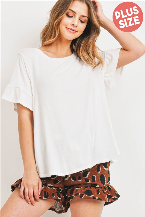 S15-11-5-PPP4037X-OFWBWN-1 - PLUS SIZE RUFFLE SLEEVES SOLID TOP AND LEOPARD SHORTS SET WITH SELF TIE- OFF-WHITE/BROWN 1-2-1