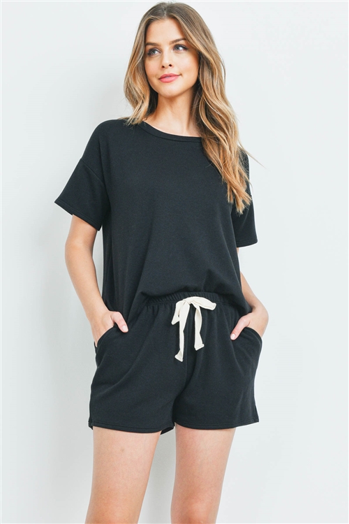 S15-10-3-PPP4041-BK-1 - FLEECED FRENCH TERRY TOP AND SHORTS SET WITH SELF TIE- BLACK 3-3-1