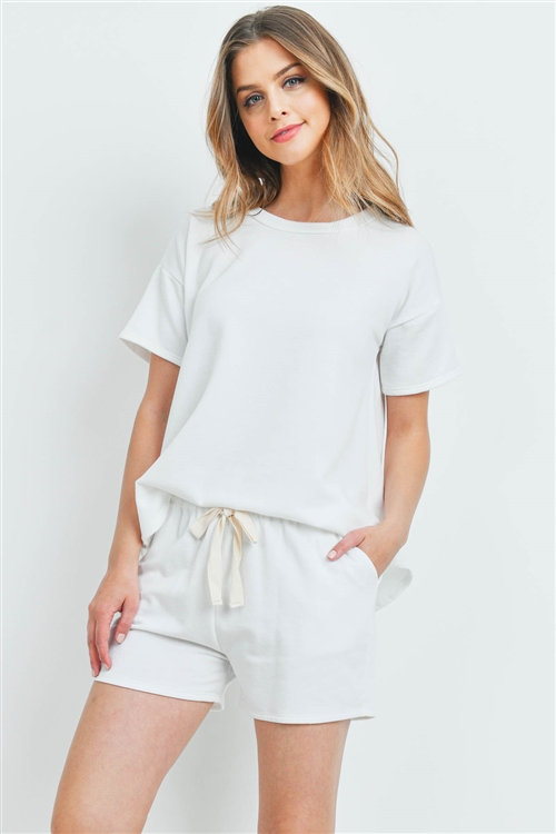S14-3-1-PPP4041-IV - FLEECED FRENCH TERRY TOP AND SHORTS SET WITH SELF TIE- IVORY 1-2-2-2