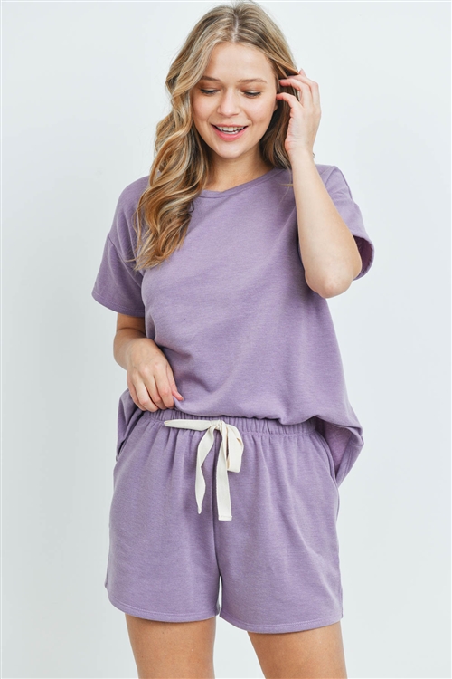 S15-10-3-PPP4041-LVD-1 - FLEECED FRENCH TERRY TOP AND SHORTS SET WITH SELF TIE- LAVENDER 1-2-2