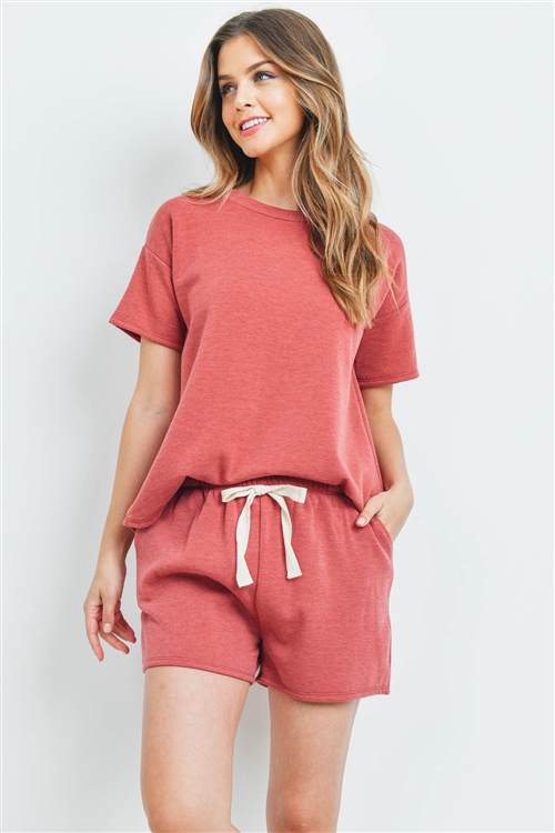 S15-10-3-PPP4041-MRSL-1 - FLEECED FRENCH TERRY TOP AND SHORTS SET WITH SELF TIE- MARSALA 2-2-0-0