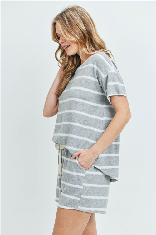 S12-11-2-PPP4042-HGWT - SHORT SLEEVES STRIPED TOP AND SHORTS SET WITH SELF TIE- HEATHER GREY/WHITE 1-2-2-2