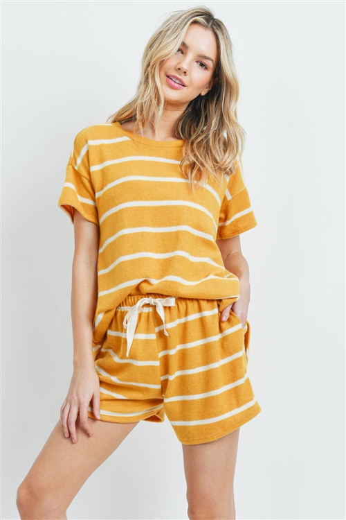 S15-12-2-PPP4042-MUWT-1 - SHORT SLEEVES STRIPED TOP AND SHORTS SET WITH SELF TIE- MUSTARD/WHITE 1-2-2