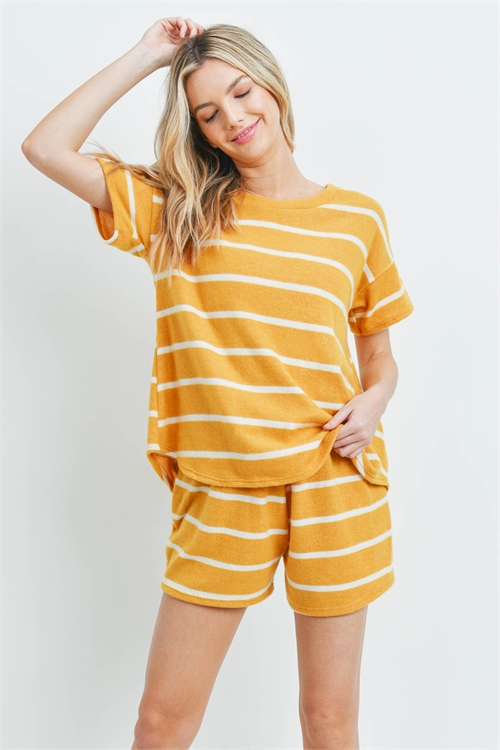 S8-14-3-PPP4042-MUWT-2 - SHORT SLEEVES STRIPED TOP AND SHORTS SET WITH SELF TIE- MUSTARD/WHITE 1-1-1