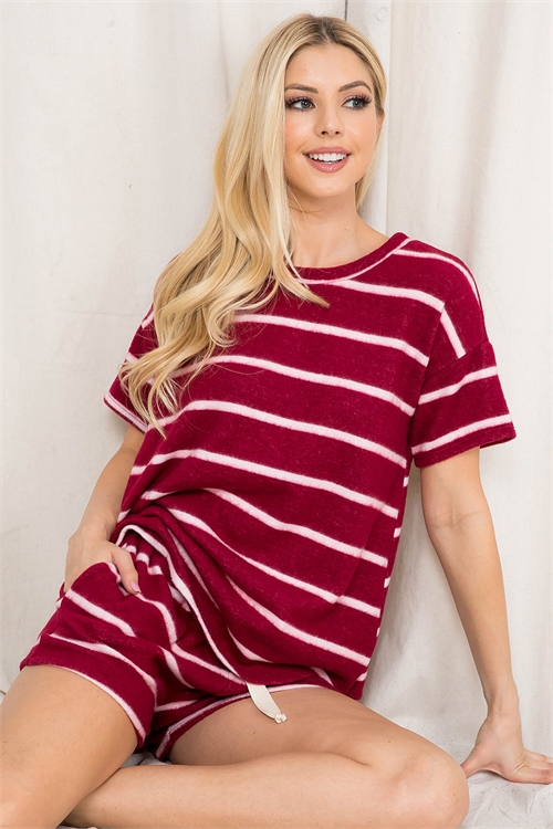 S11-16-1-PPP4042-WNWT - STRIPE SHORT SLEEVES TOP AND SHORTS SET WITH SELF TIE- WINE-WHITE 1-2-2-2