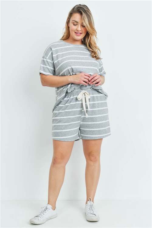 S7-3-4-PPP4042X-HGWT - PLUS SIZE STRIPE SHORT SLEEVES TOP AND SHORTS SET WITH SELF TIE- HEATHER GREY/WHITE 3-2-1