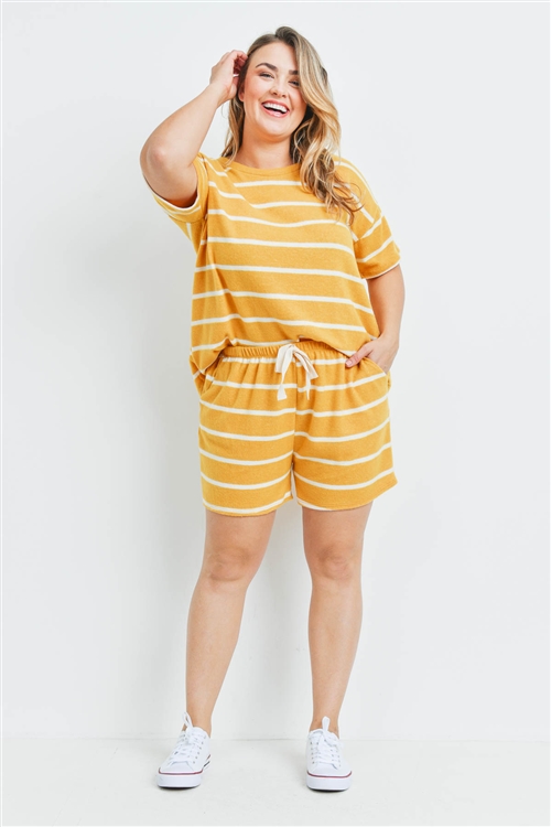 S15-11-4-PPP4042X-MUWT-1 - PLUS SIZE STRIPE SHORT SLEEVES TOP AND SHORTS SET WITH SELF TIE- MUSTARD/WHITE 2-2-1