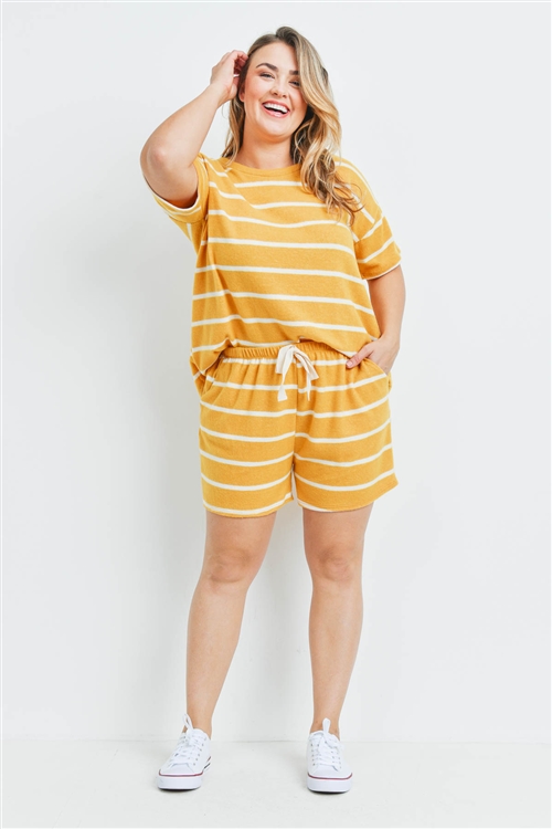 S7-3-3-PPP4042X-MUWT - PLUS SIZE STRIPE SHORT SLEEVES TOP AND SHORTS SET WITH SELF TIE- MUSTARD/WHITE 3-2-1