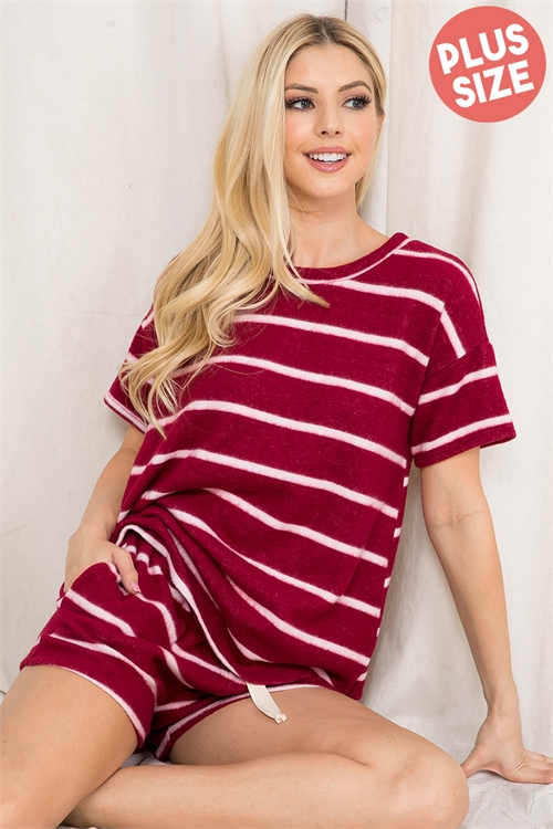 S11-2-2-PPP4042X-WNWT - PLUS SIZE STRIPE SHORT SLEEVES TOP AND SHORTS SET WITH SELF TIE- WINE-WHITE 3-2-1