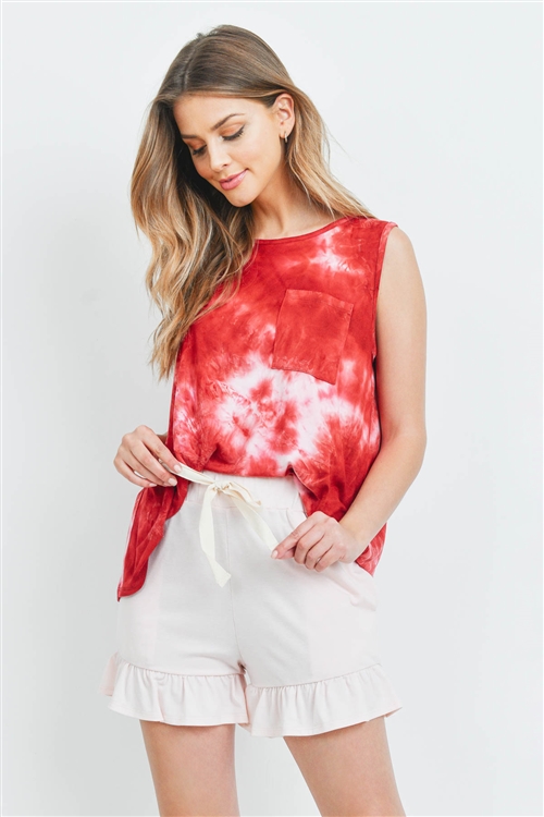 S13-1-4-PPP4044-BUBLTPK -SLEEVELESS TOP TIE DYE POCKET TOP AND SOLID RUFFLE HEM SHORTS SET- BURGUNDY/BALLET PINK 1-2-2-2 (NOW $4.75 ONLY!)