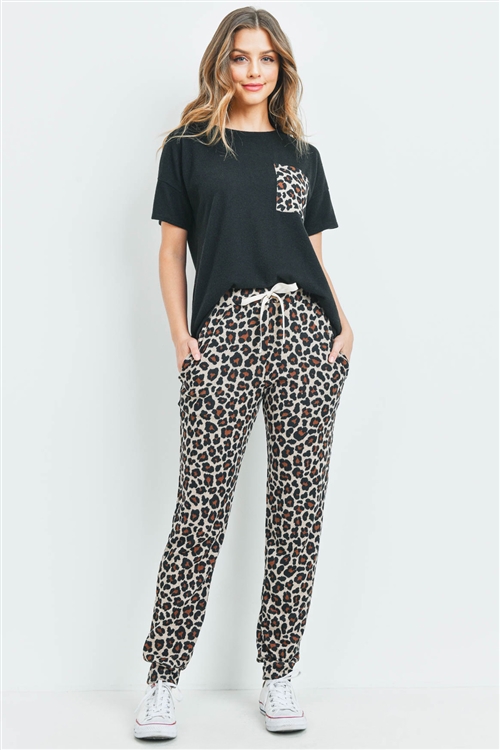 S9-20-3-PPP4045-BKBWN-1 - BRUSHED HACCI TOP AND LEOPARD BOTTOM SET WITH SELF TIE- BLACK/BROWN 1-1-2-2