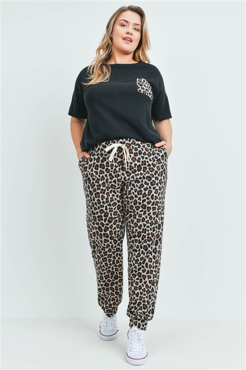 S11-15-2-PPP4045X-BKBWN - PLUS SIZE BRUSHED HACCI TOP AND LEOPARD BOTTOM SET WITH SELF TIE- BLACK/BROWN 3-2-1 (NOW $12.75 ONLY!)