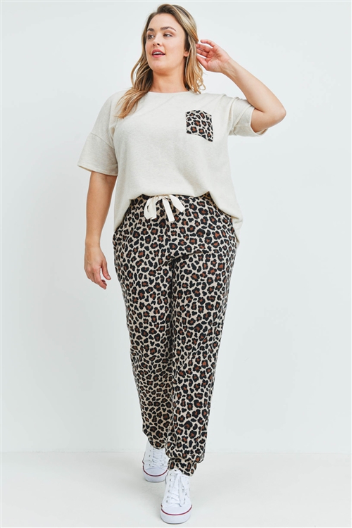 S12-8-4-PPP4045X-OTMBWN - PLUS SIZE BRUSHED HACCI TOP AND LEOPARD BOTTOM SET WITH SELF TIE- OATMEAL/BROWN 3-2-1