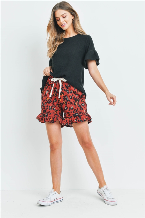 S15-12-4-PPP4046-BKRST-1 - BRUSHED HACCI TOP AND LEOPARD RUFFLE HEM SHORTS SET WITH SELF TIE- BLACK/RUST 2-2