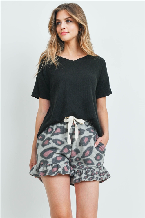 S15-12-5-PPP4047-BKGYBK-1 - RIB DETAIL TOP AND LEOPARD RUFFLE HEM SHORTS SET WITH SELF TIE- BLACK/GREY/BLACK 1-2-2