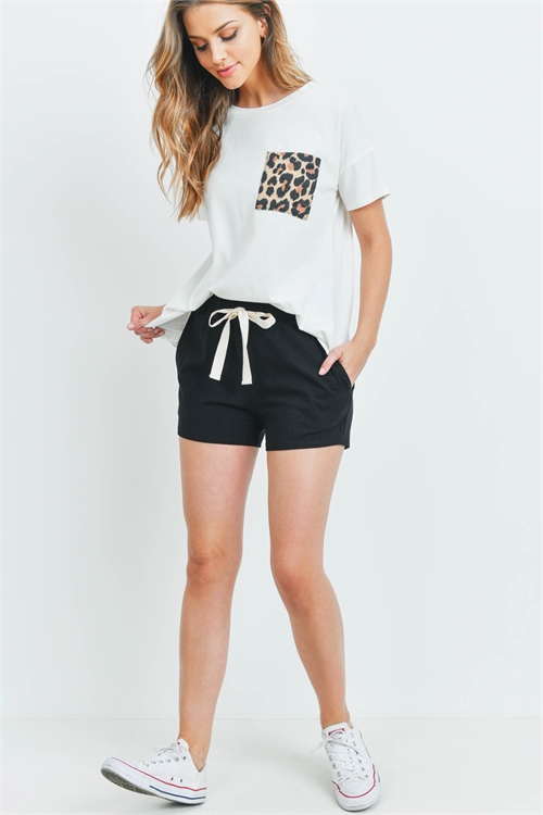 S9-8-3-PPP4048-IVBKIVTP - LEOPARD POCKET TOP AND  SHORTS SET WITH SELF TIE- IVORY-BLACK/IVORY-TAUPE 1-2-2-2