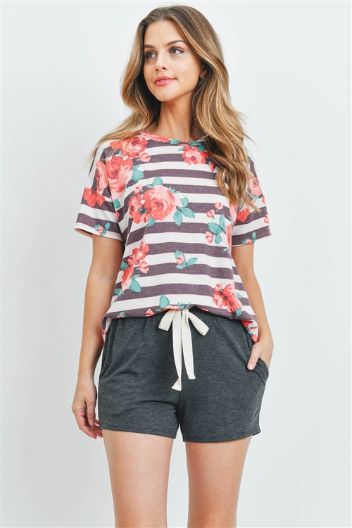 S9-13-2-PPP4050-RBRDCHL - FLORAL STRIPES TOP AND SHORTS SET WITH SELF TIE- RUBY/RED/CHARCOAL 1-2-2-2